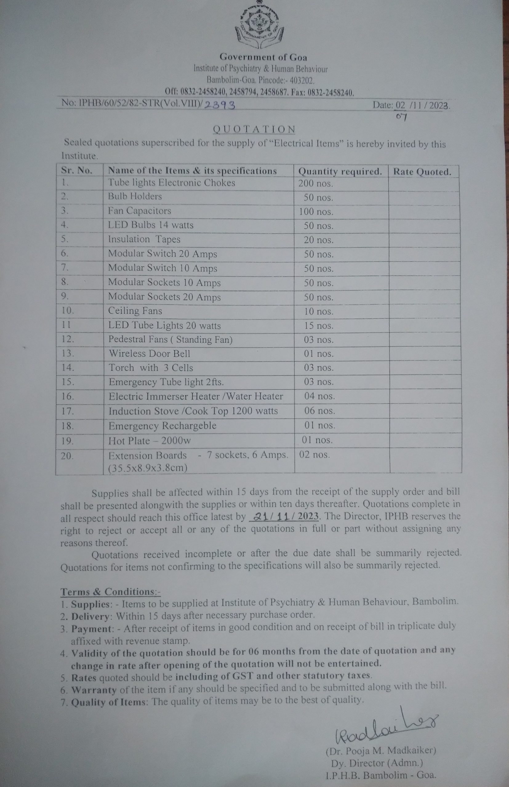 Quotation for supply of Electrical Items. 07.11.2023 Institute of
